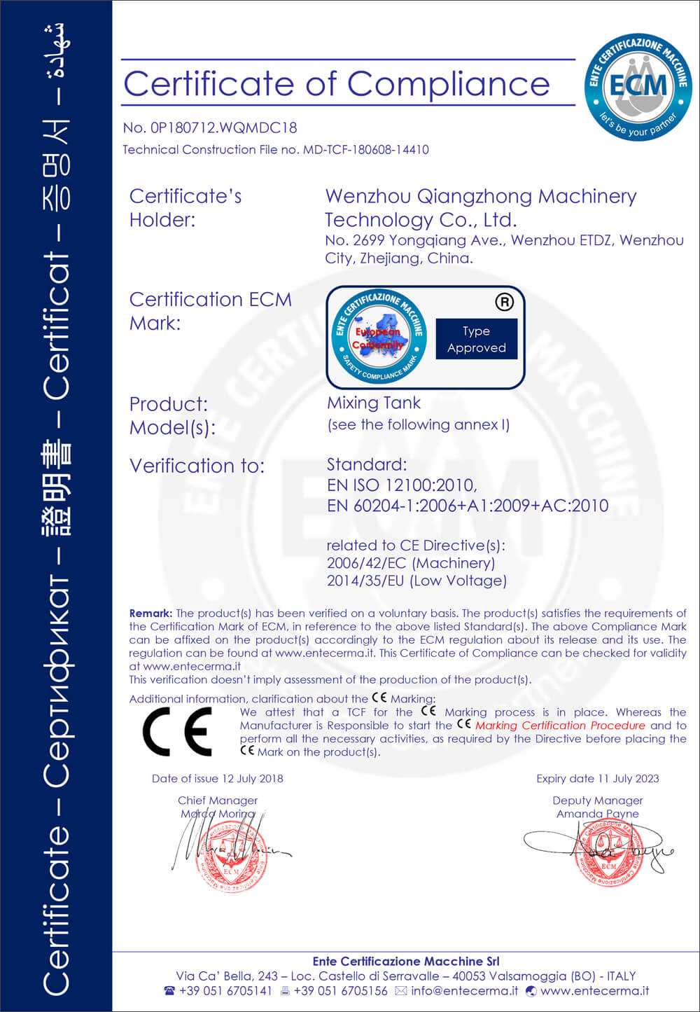 CE certificate of Stainless Steel Tank