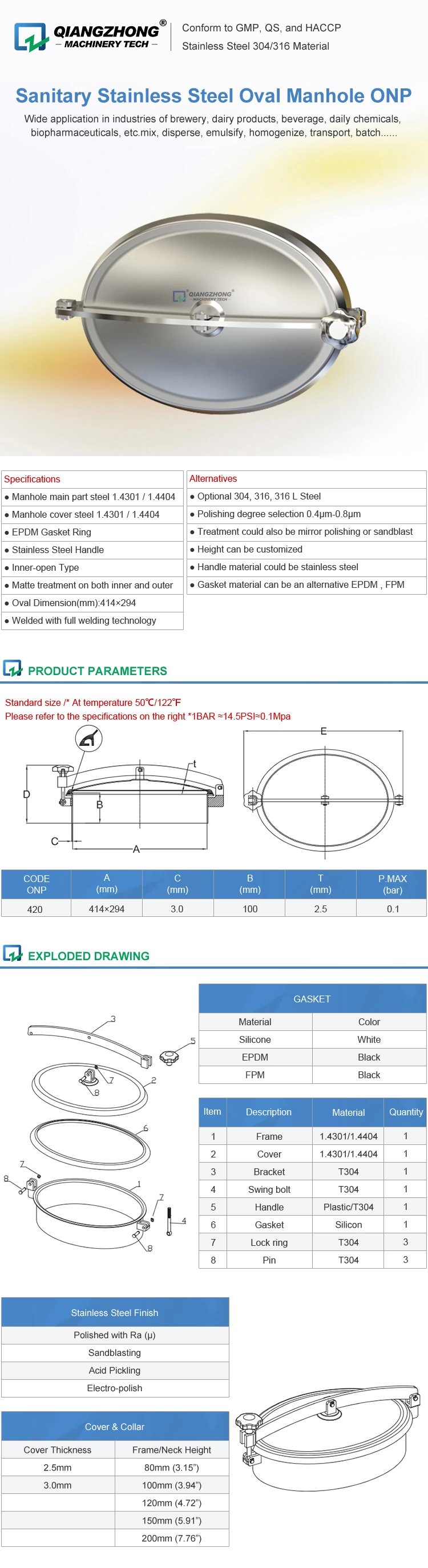 Sanitary Stainless Steel Oval Manhole ONP
